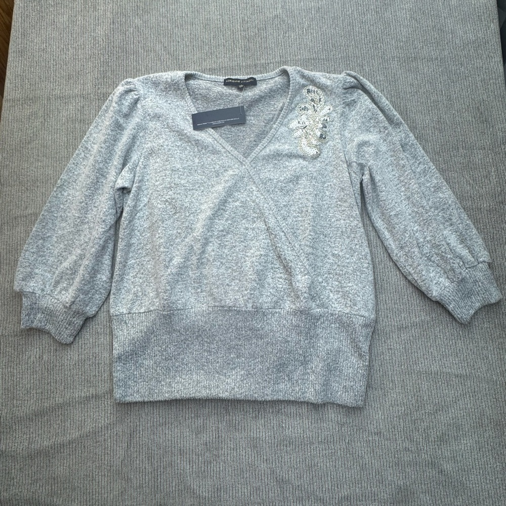Adrienne Vittadini Light Gray V-Neck Sweater with Embellishment